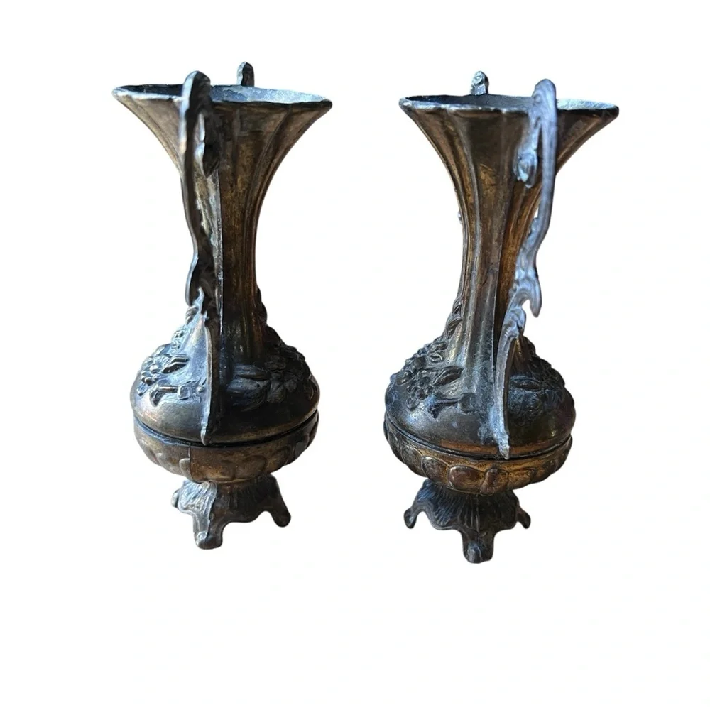 Vintage Italian Floral Ornate Metal Patina Bud Vase Pair Romantic